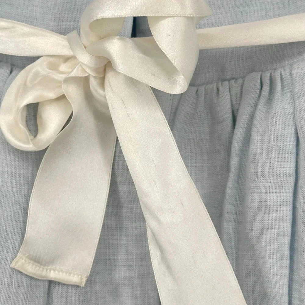 Ralph Lauren Floral Embroidered Ruffle Overlay Blue Hemp Dress Peter Collar 5‎